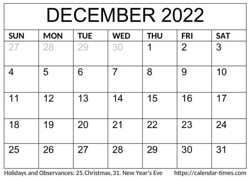 December 2022 calendar