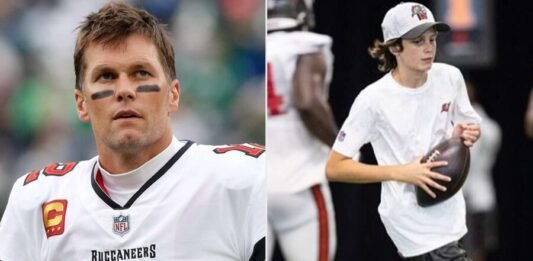 Tom Brady with his son Jack Edward Thomas Moynahan on the football field