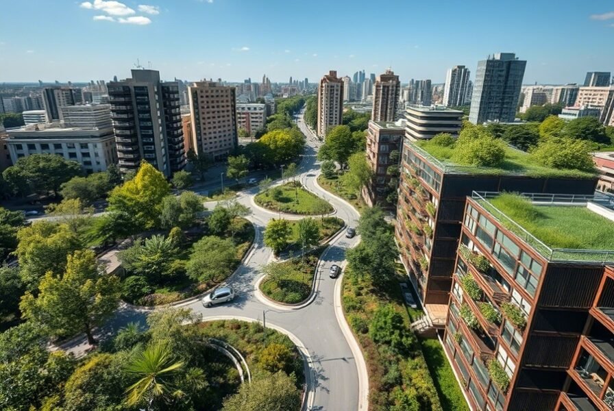 A modern urban city with green parks, smart buildings, and sustainable transport reflecting innovative design.