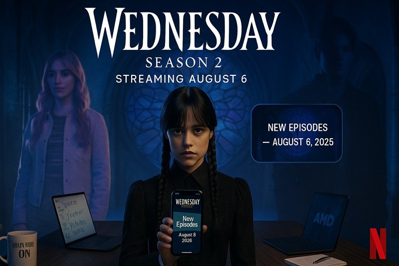Jenna Ortega as Wednesday Addams holding a phone with Netflix release date notification — Season 2 premieres August 6, 2025.