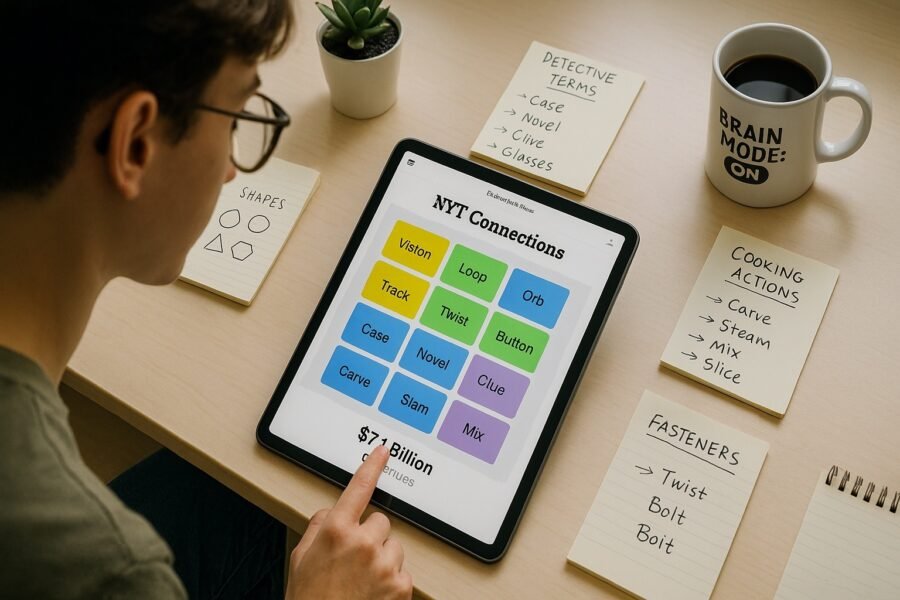 Person solving NYT Connections puzzle on tablet with category notes and coffee cup on desk.