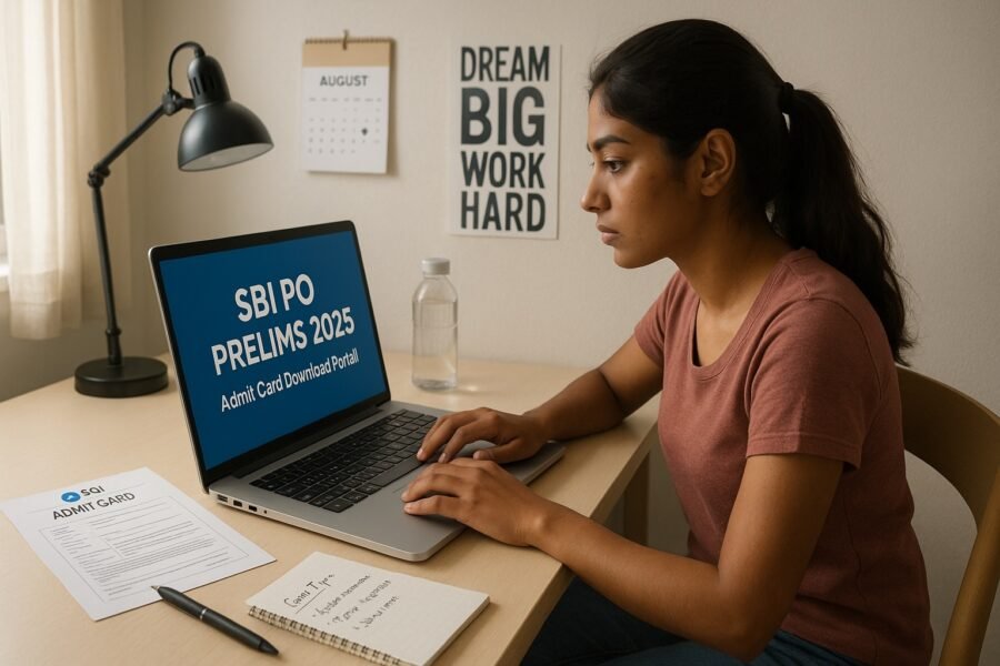 Indian student checking SBI PO Prelims 2025 admit card on laptop while preparing for exam.
