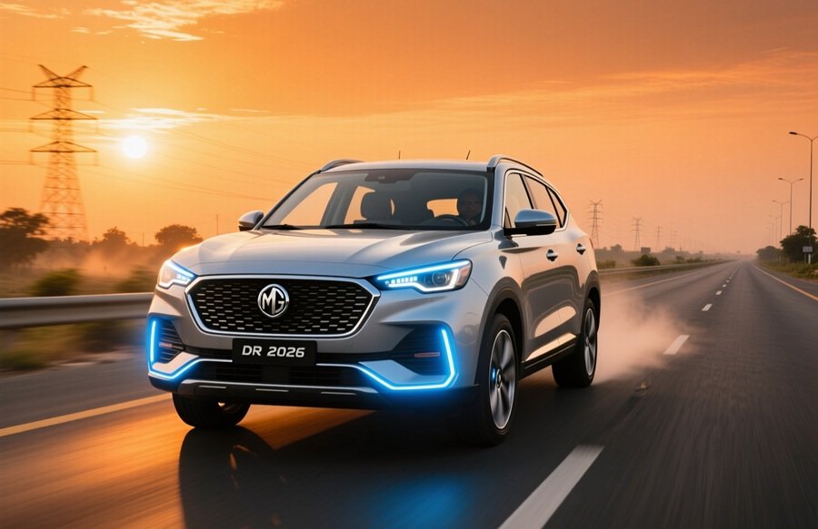 MG Hector 2026 Facelift driving on a highway with new grille and LED lights.