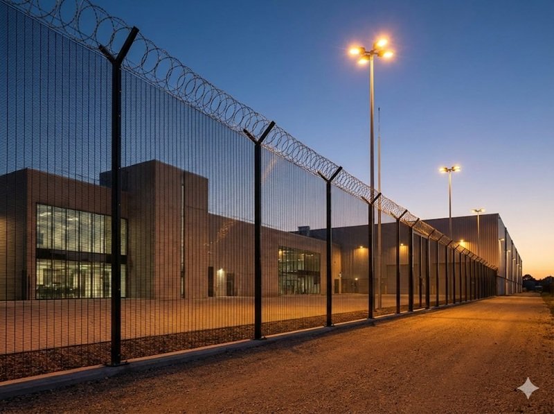 High-security anti-climb mesh fencing protecting a commercial building at night.