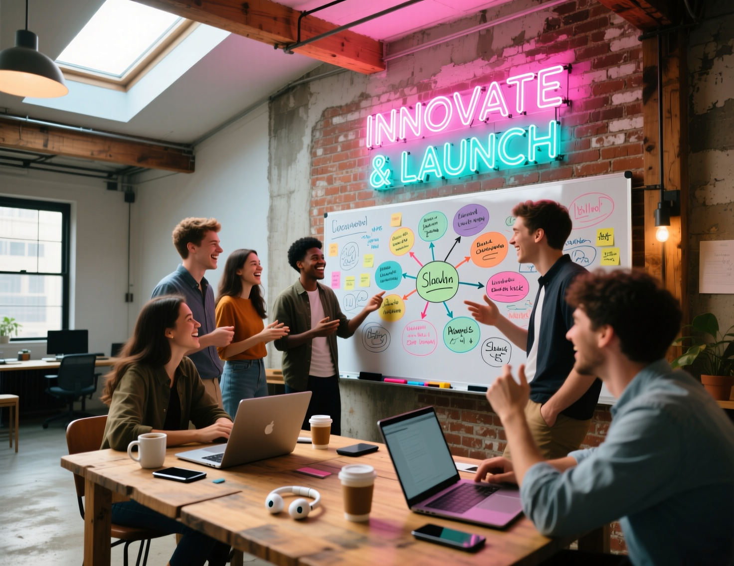 Startup team brainstorming new business ideas in a modern office