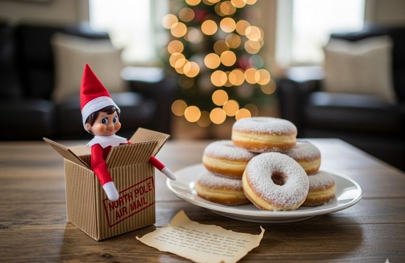 Elf on the shelf arrival idea with a special delivery box and donuts on a breakfast table.