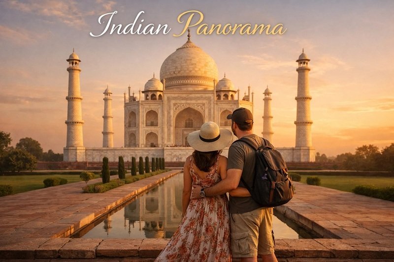 Couple enjoying a sunrise view of the Taj Mahal in Agra during a Golden Triangle tour.