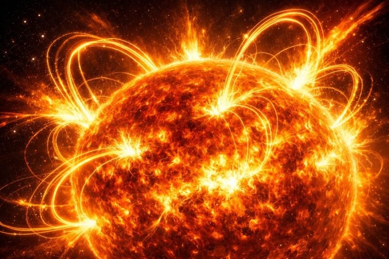 Solar flares formation showing twisting magnetic field lines on sun surface