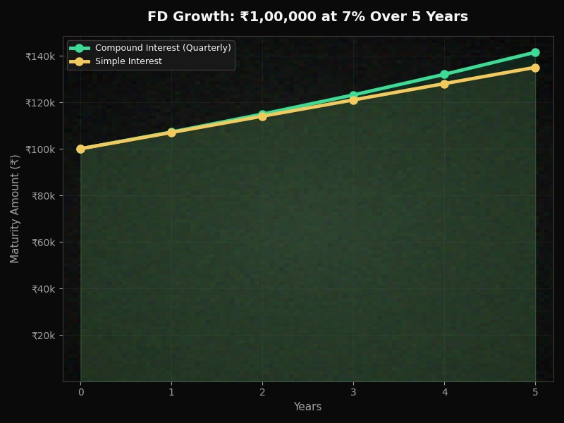 Fixed deposit rates calculator showing compound interest growth over 5 years
